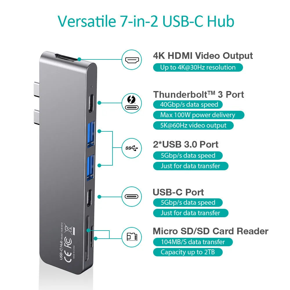 Silver aluminium USB-C 7-in-1 hub adapter with SD card, Micro SD, HDMI, USB 3.0, and Power Delivery ports.