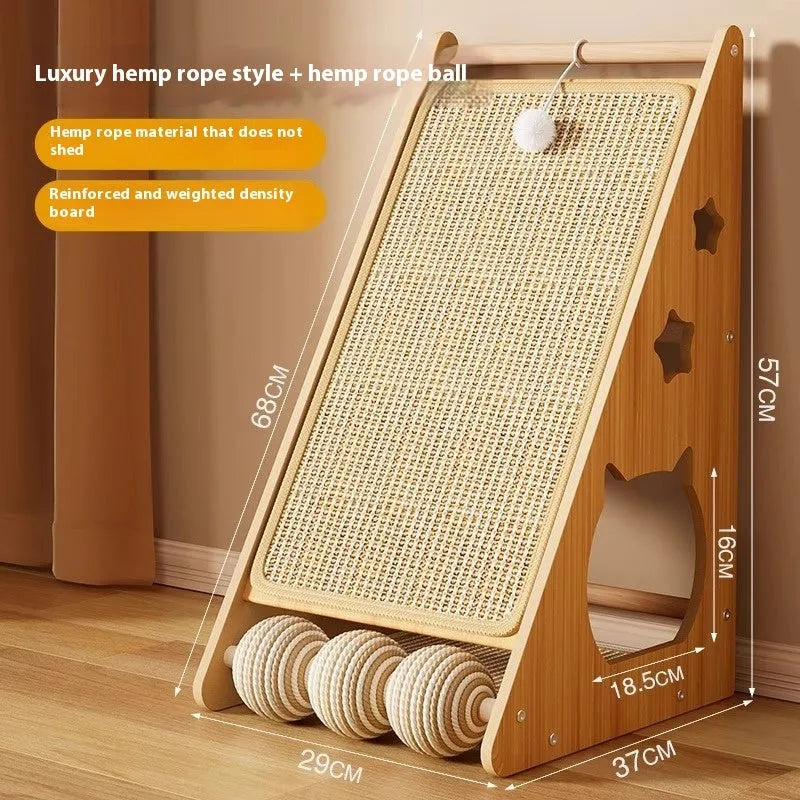 Vertical cat scratch board with wall-sticking design, wear-resistant surface, and cat teasing ball with hemp rope