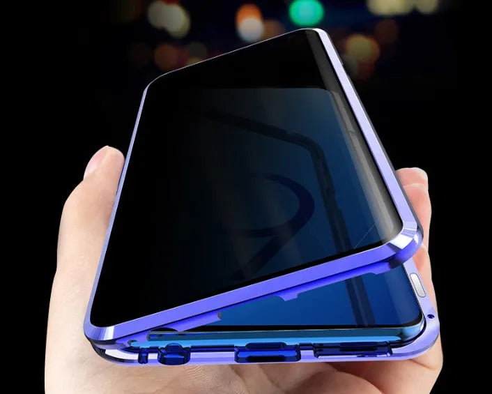 Black anti-peeping magnetic clamshell phone case for Samsung Galaxy S21 Ultra shown open and closed.