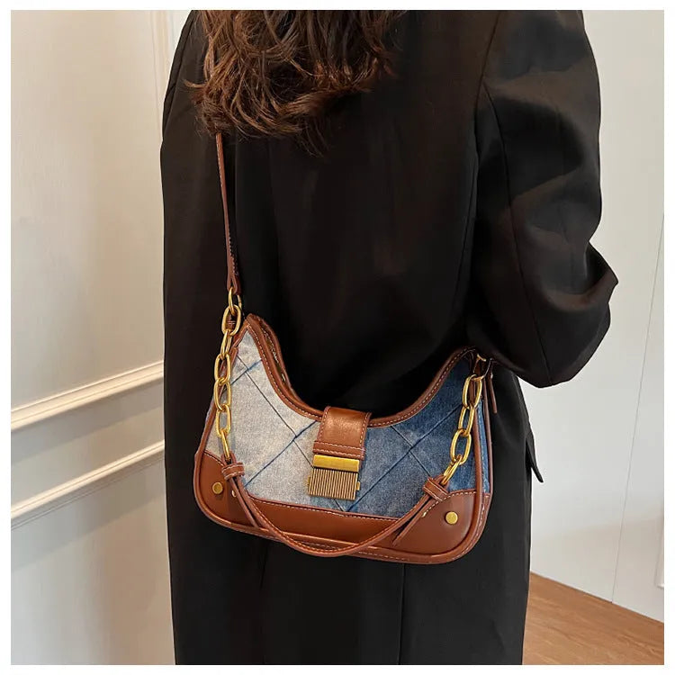 Brown denim women's shoulder bag with diamond chain design and phone compartment