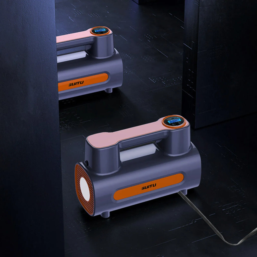 Cordless tyre inflator with digital display, ABS body, and USB charging port on a flat surface