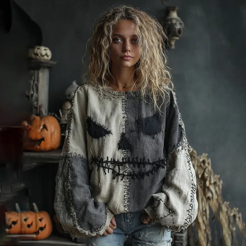 Women's digital print pullover sweater with 3D stereo pattern, round neck, long sleeves, loose fit in polyester knit