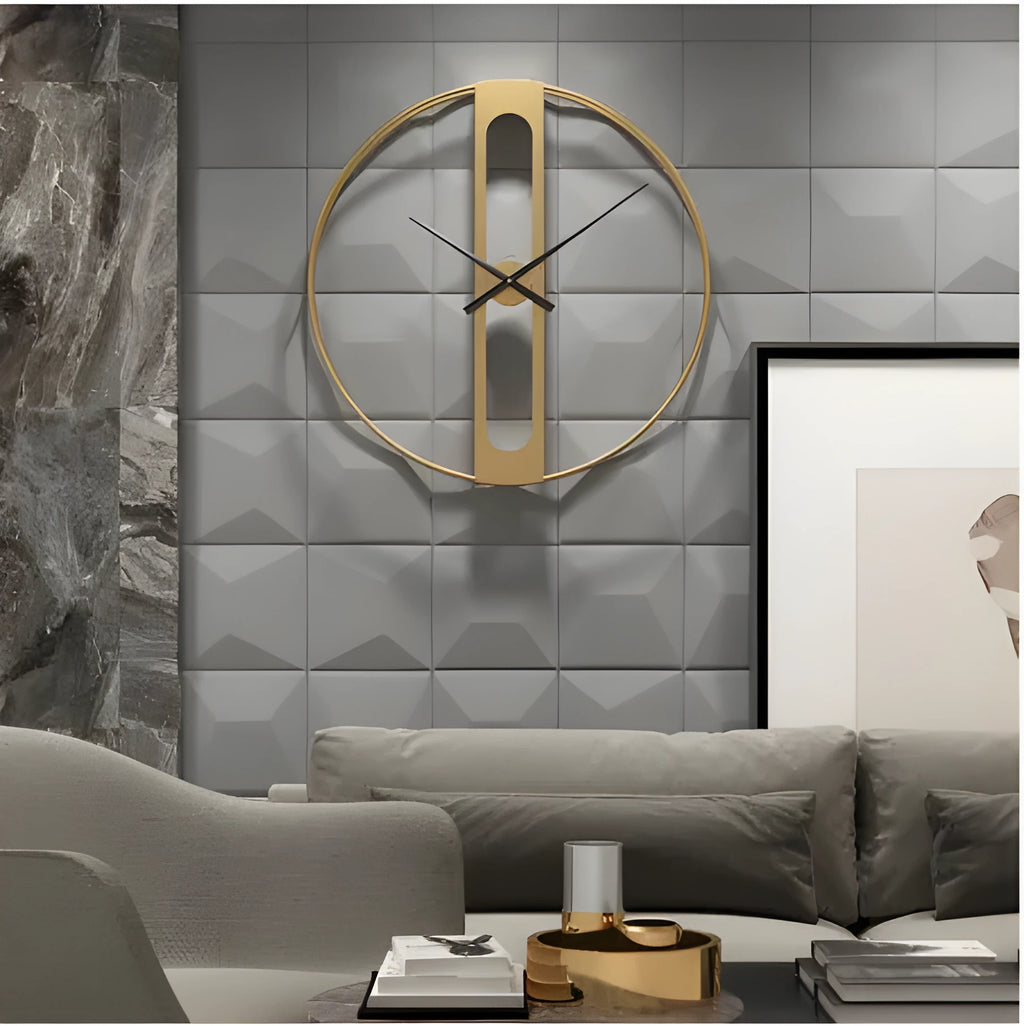 Round metal wall clock measuring 50cm in diameter available in black or gold colour