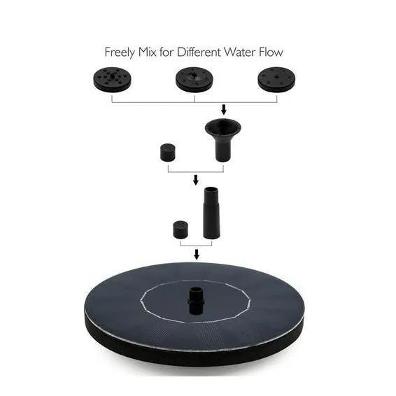 Black solar-powered floating garden fountain with multiple nozzles for birdbaths and small ponds