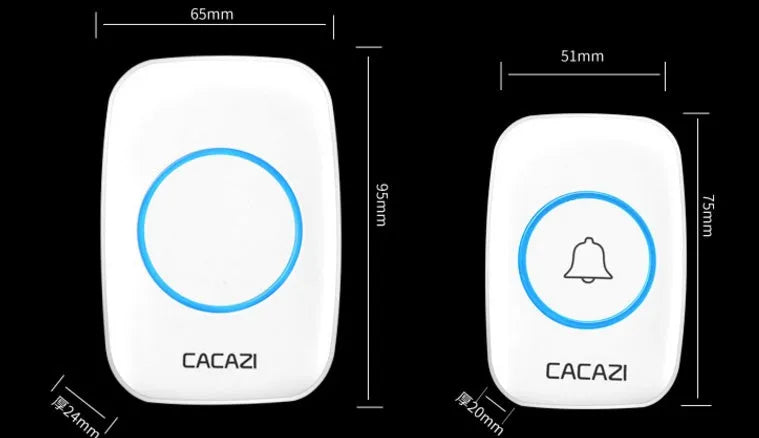 Wireless doorbell kit with plug-in receiver and battery-powered transmitter showing 300m range and 36 melody options