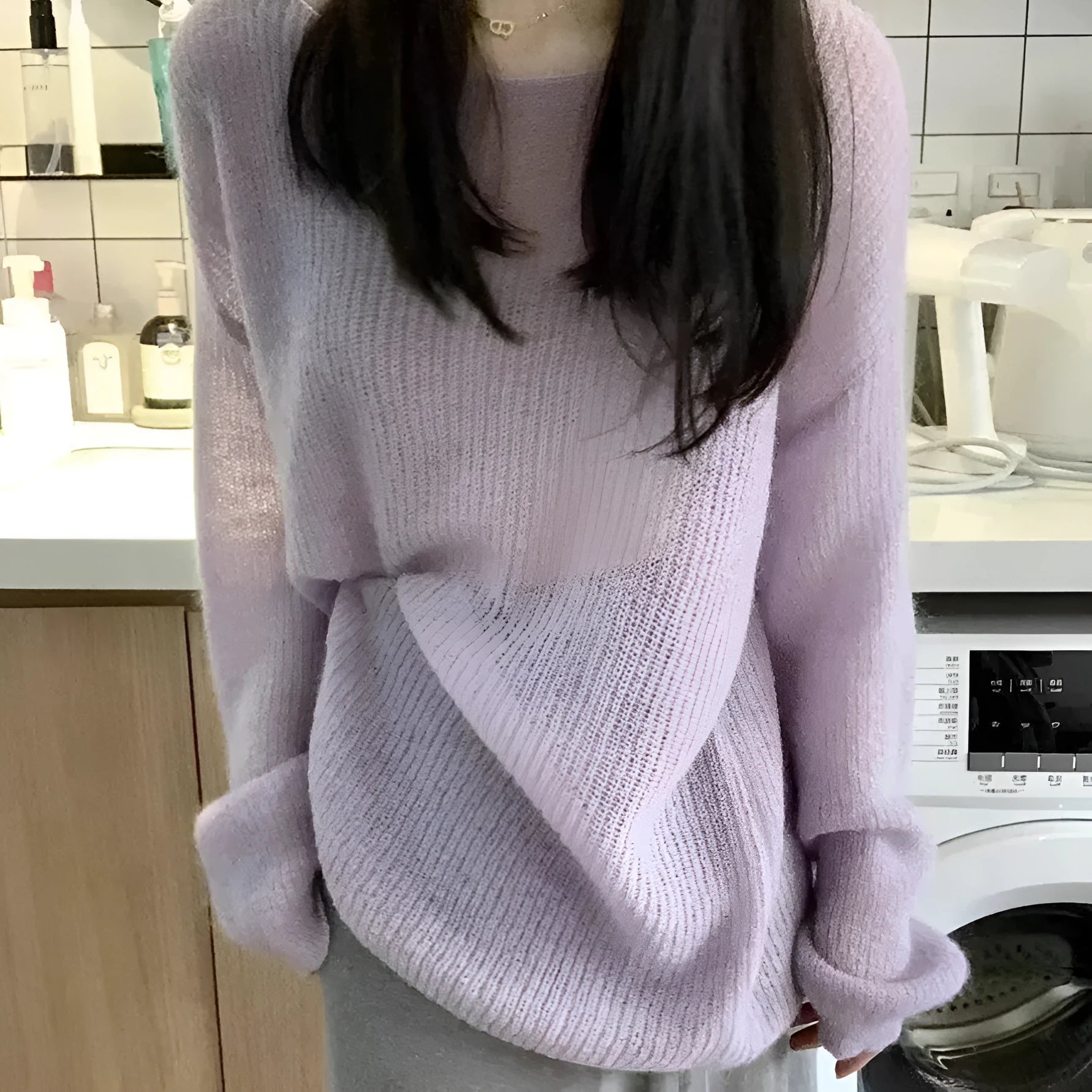 Purple women's ice silk blouse with princess sleeves and shoulder strap details