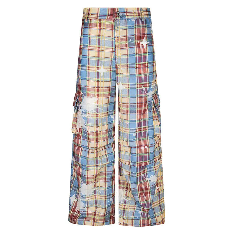 Men's retro plaid overalls loose straight casual trousers in blue polyester