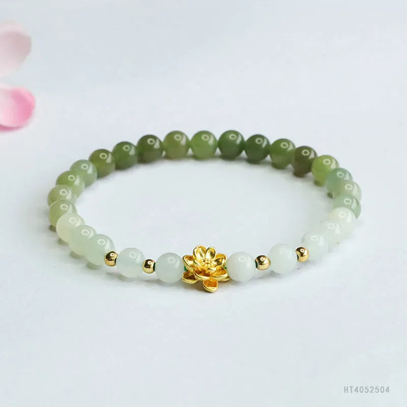 Hand-woven Hetian jade clear water gradient bracelet with lotus flower shape, 6mm beads, 17cm length