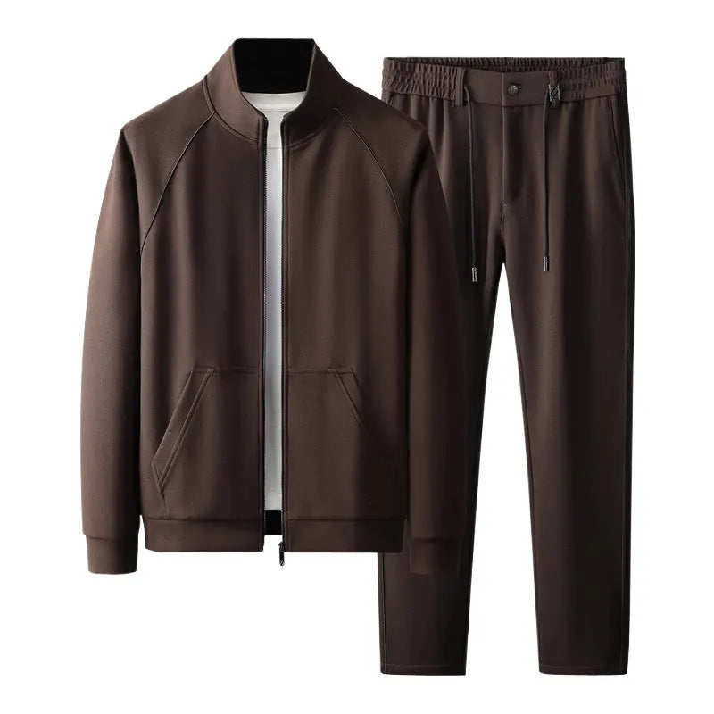 Men's slim-fit stand collar sports jacket and trousers suit set in Vinylon fabric.