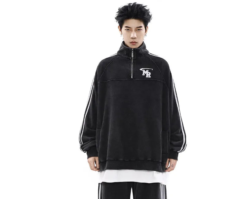 Black Hong Kong style retro sports hoodie with stand collar and long sleeves.