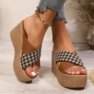 Women's brown leopard plaid wedge sandals with cross ankle strap and rubber sole