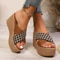 Women's brown leopard plaid wedge sandals with cross ankle strap and rubber sole