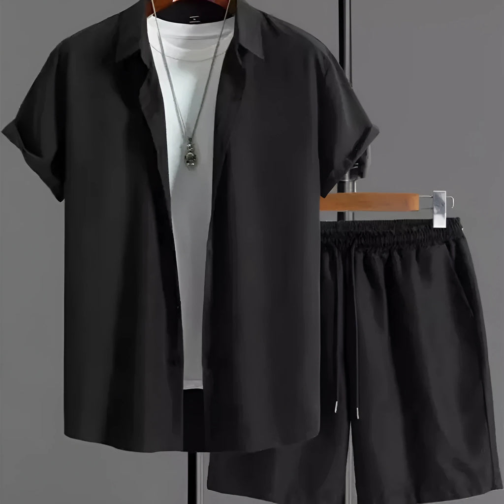 Men's jacquard short sleeve shirt and matching shorts suit set in beige, black, grey, or white