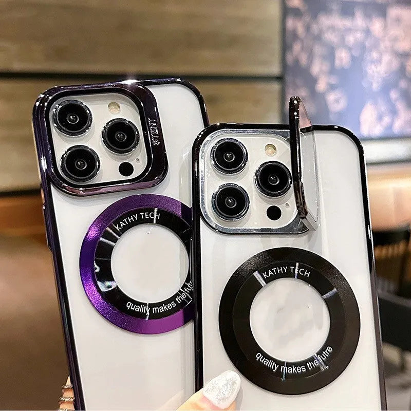 Magnetic leakage label phone case with electroplating finish for Apple iPhone 14 Pro Max, dark purple
