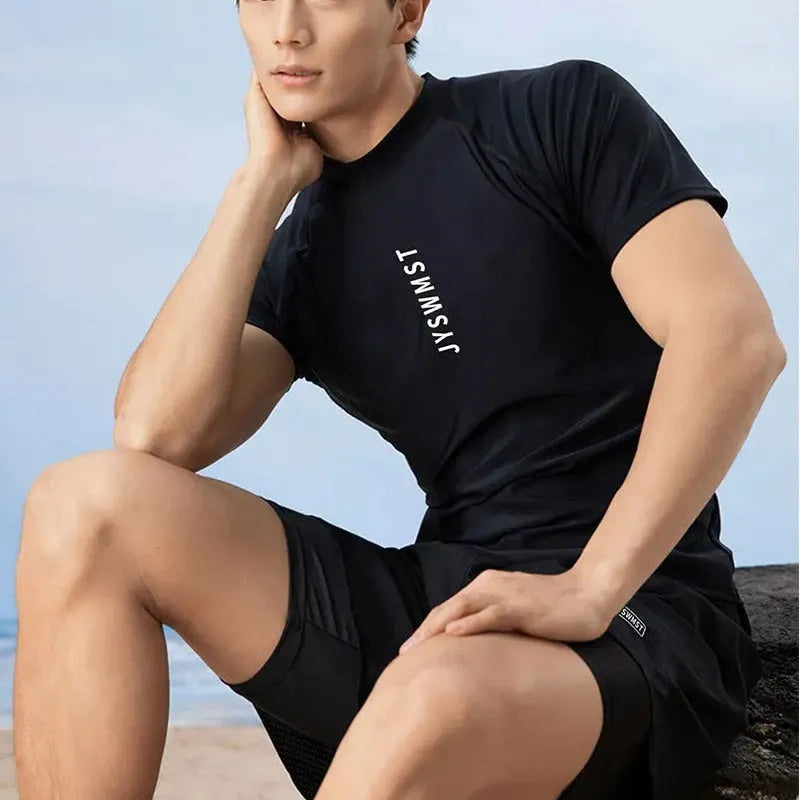 Men's patterned swimsuit set with matching swim trunks in plus sizes