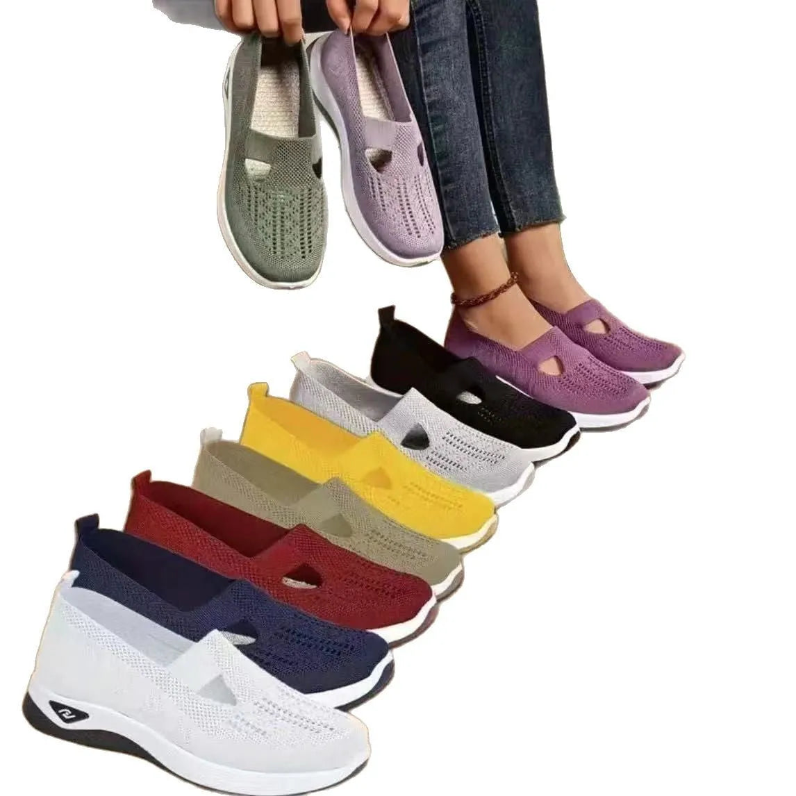 Soft-bottom casual mesh shoes with T-strap in multiple colours on a flat heel and round toe.