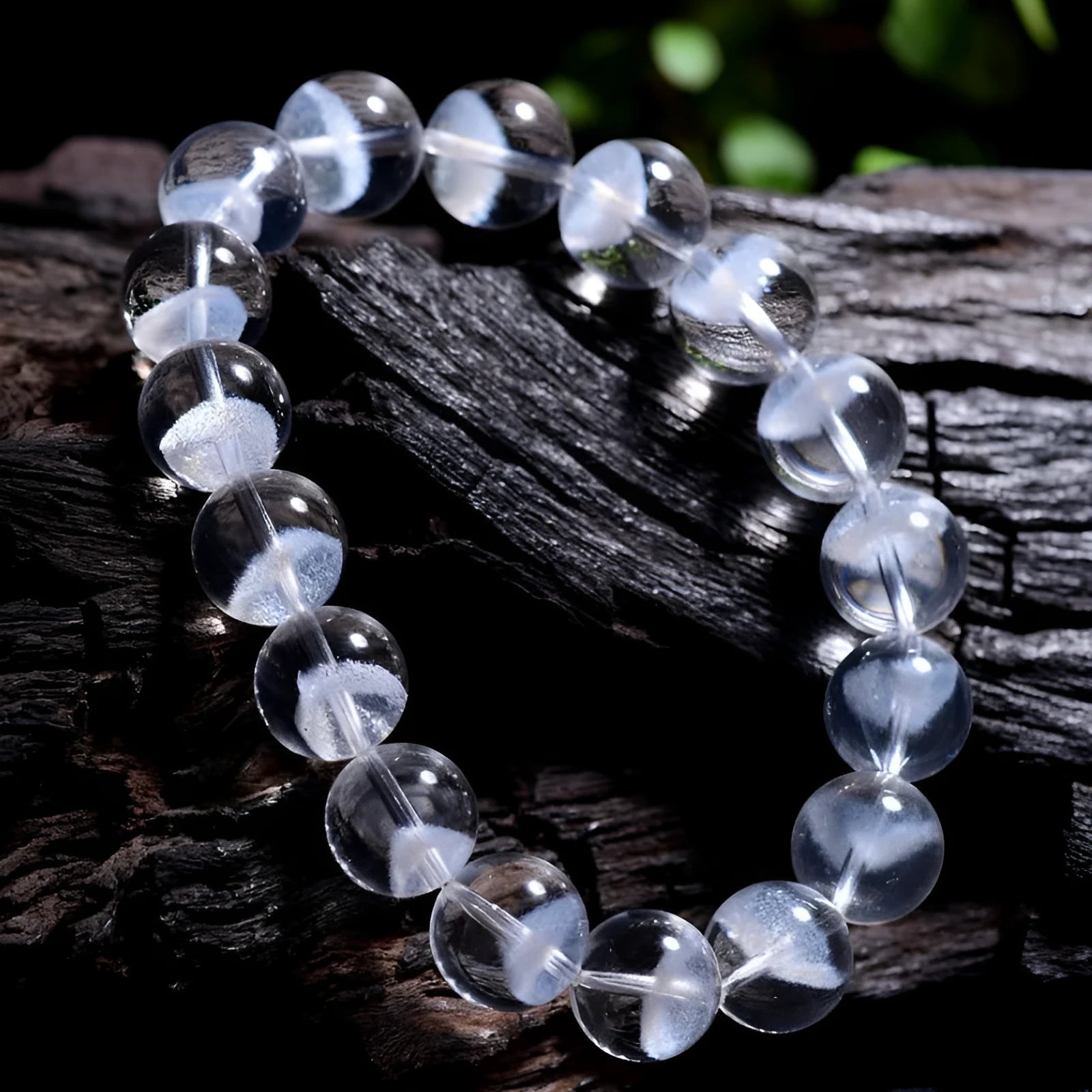 Women's white crystal pyramid ghost bracelet with Ruyi charm showing multiple bead size options