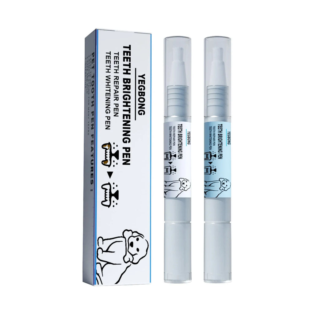 Pet teeth whitening pen kit with two 3ml pens and two dental brushes for dog and cat tartar care.