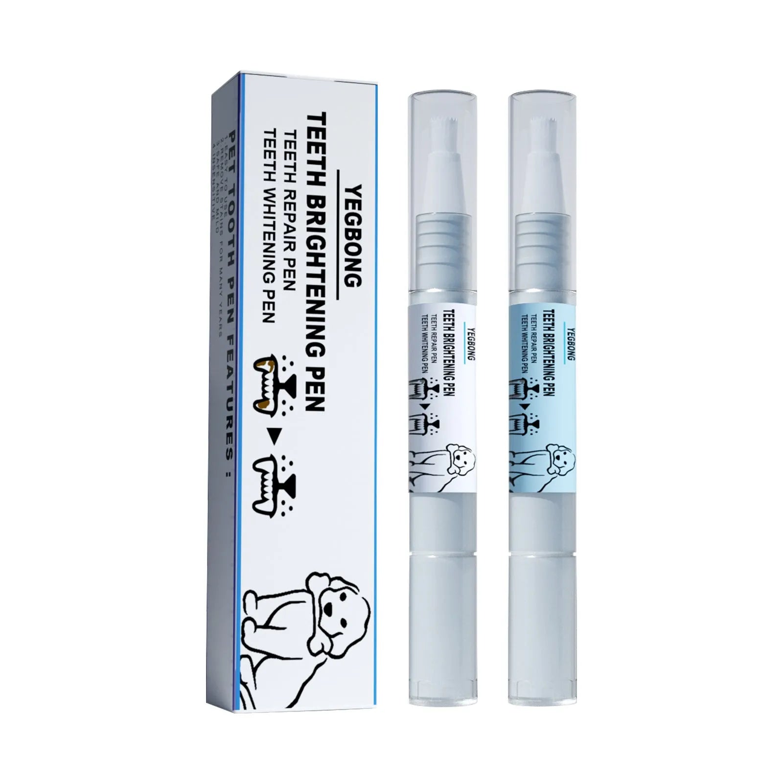 Pet teeth whitening pen kit with two 3ml pens and two dental brushes for dog and cat tartar care.