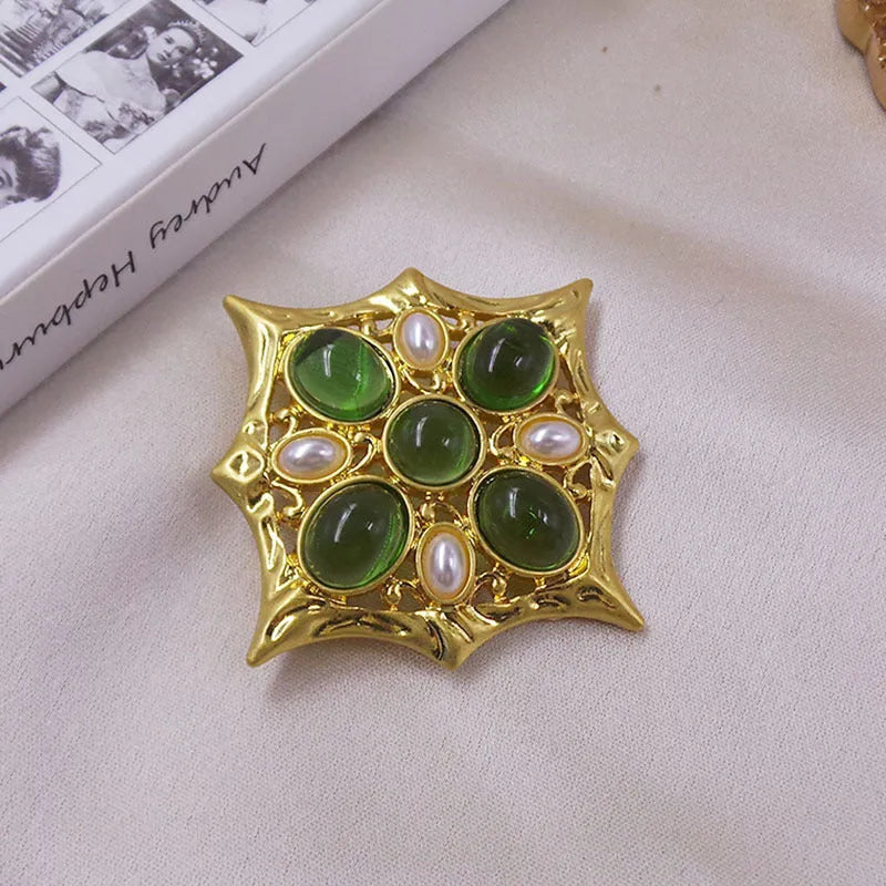 Medieval Baroque style cross brooch with crystal detailing on zinc alloy base