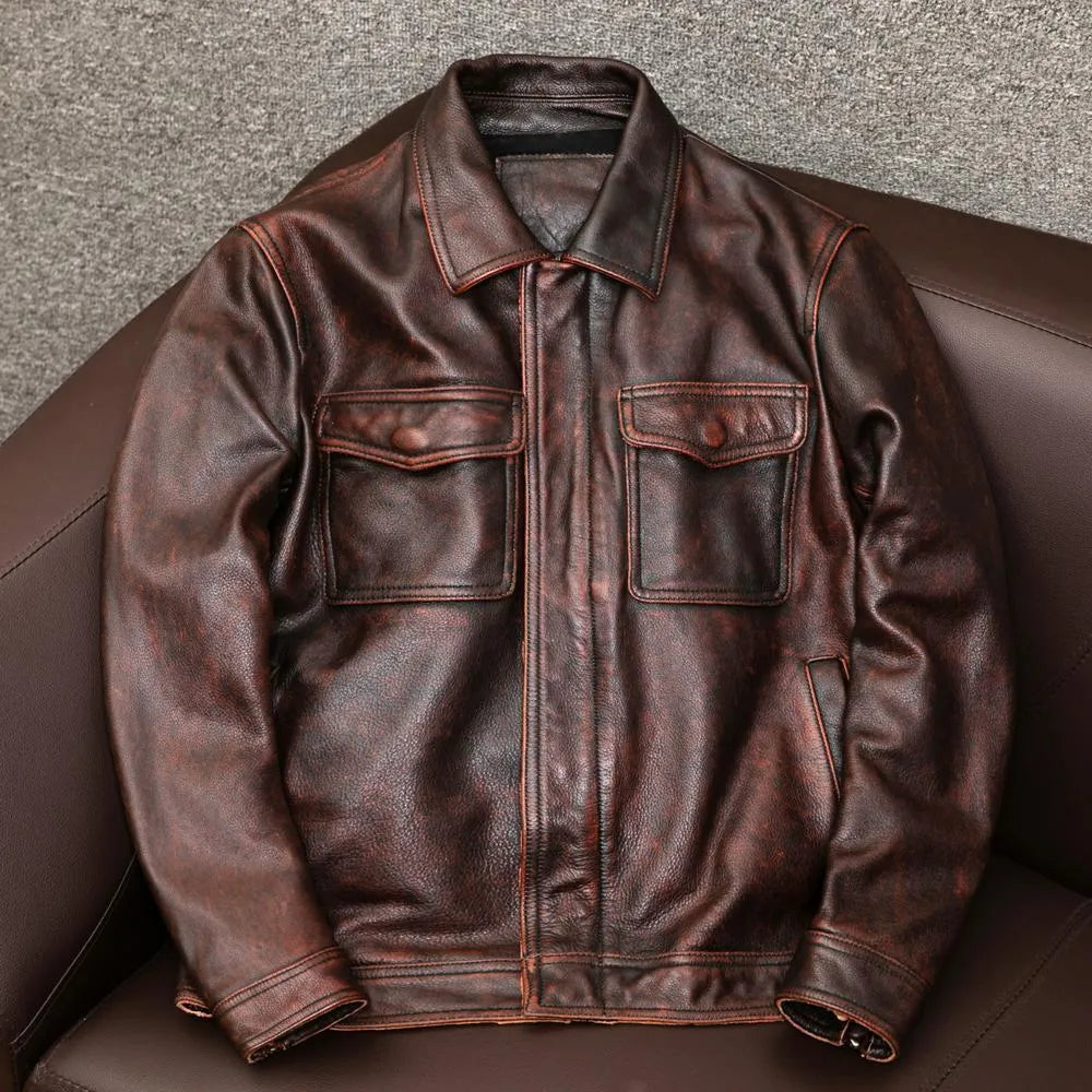 Men's black plus-size loose-fit PU leather lapel jacket with side pockets.