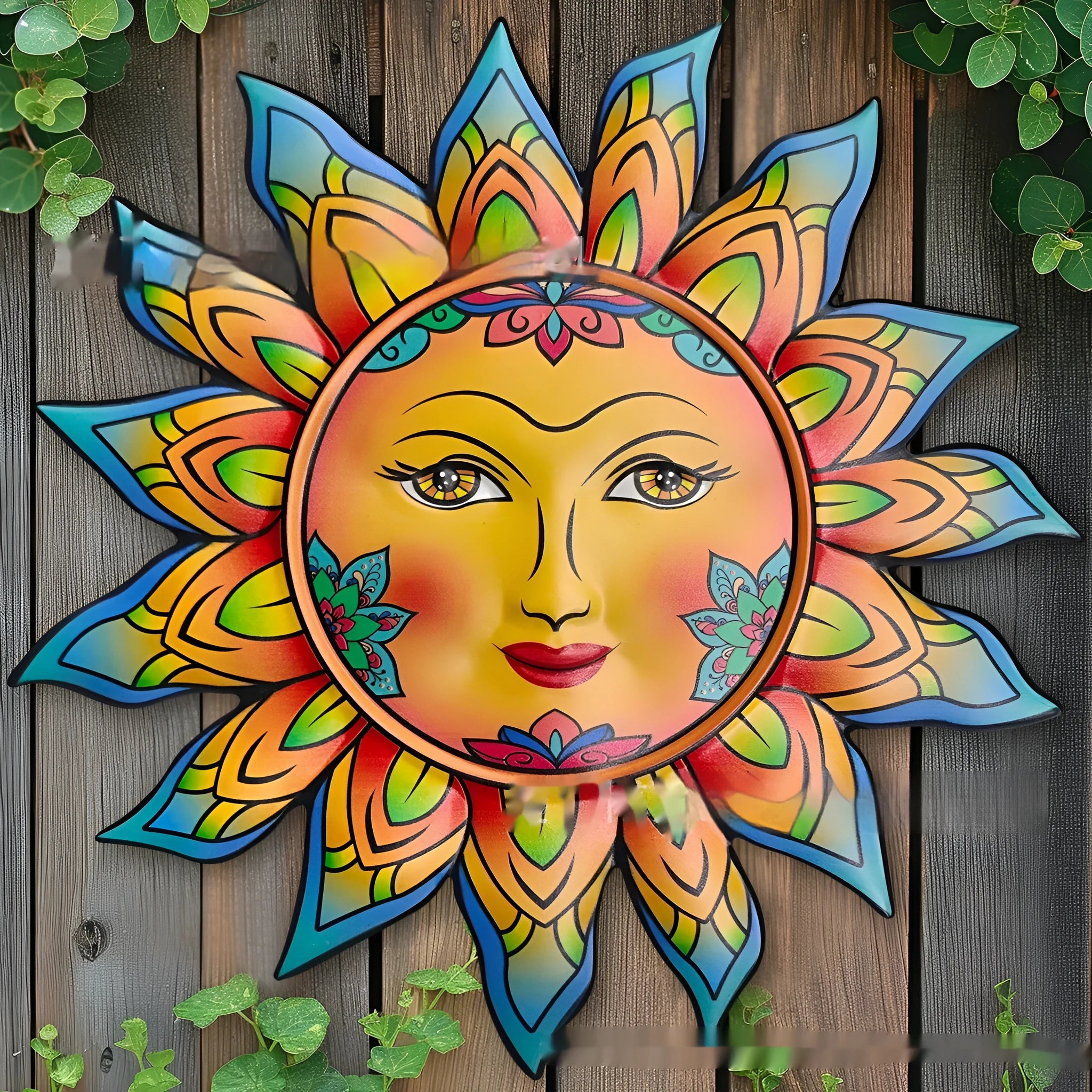 Decorative iron wall hanging with a sun face design in a choice of colours.