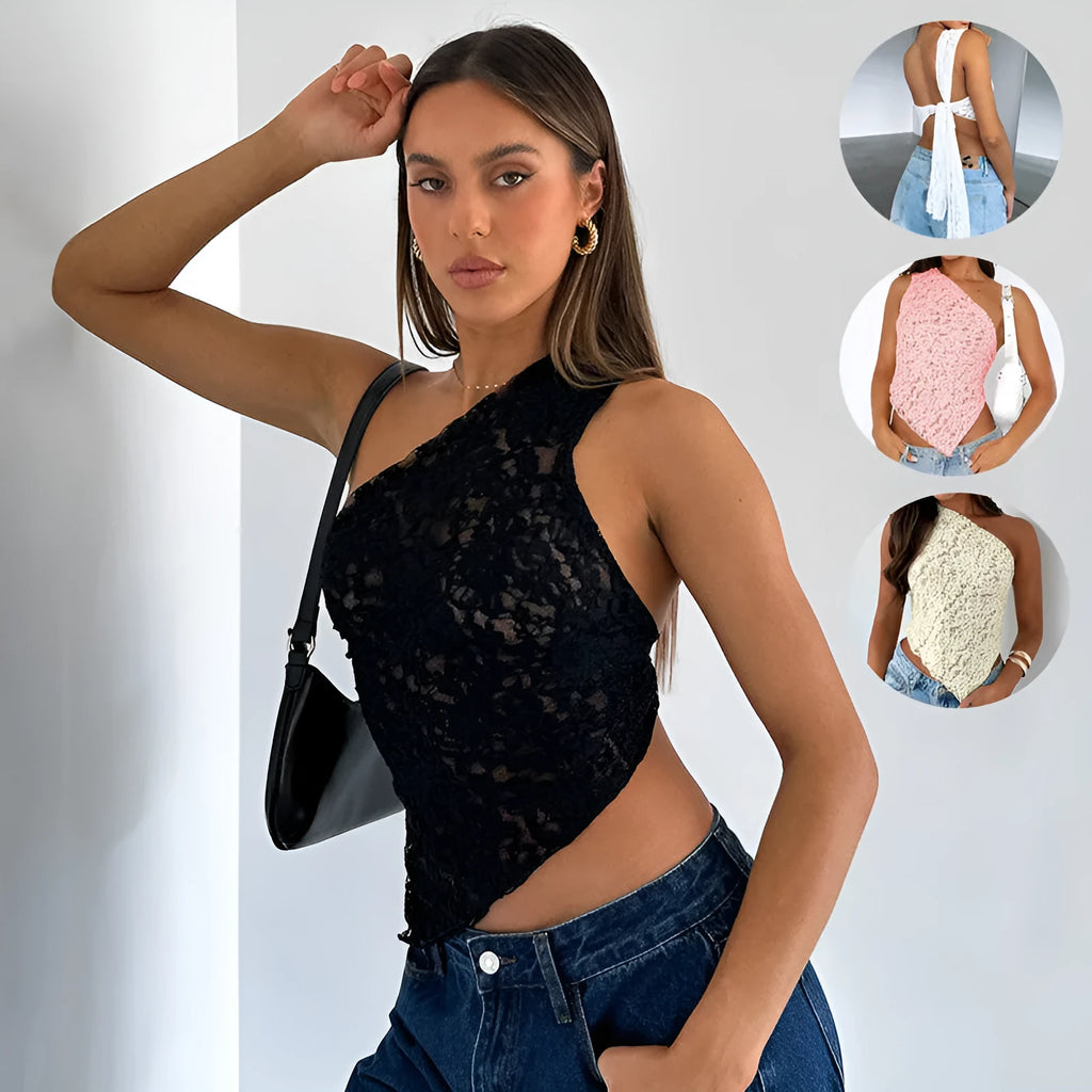 Women's sleeveless lace backless vest top with asymmetrical neckline in a solid colour.
