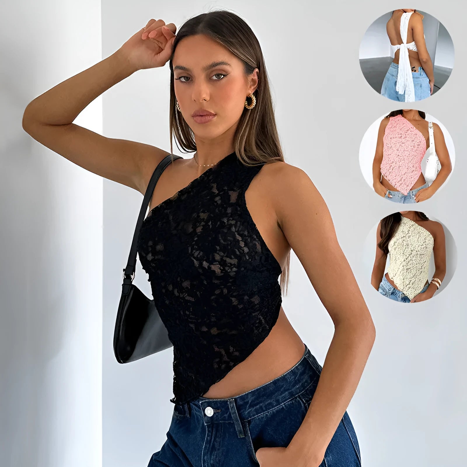 Women's sleeveless lace backless vest top with asymmetrical neckline in a solid colour.