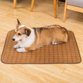 Brown rattan fibre dog cooling mat showing textured fabric and flat mat design