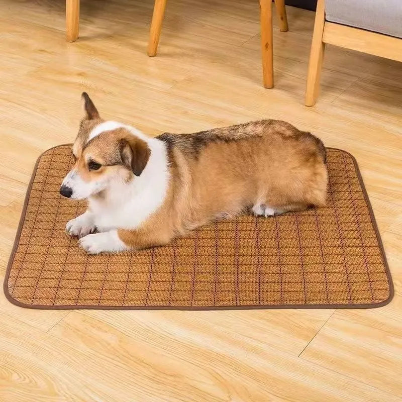 Brown rattan fibre dog cooling mat showing textured fabric and flat mat design
