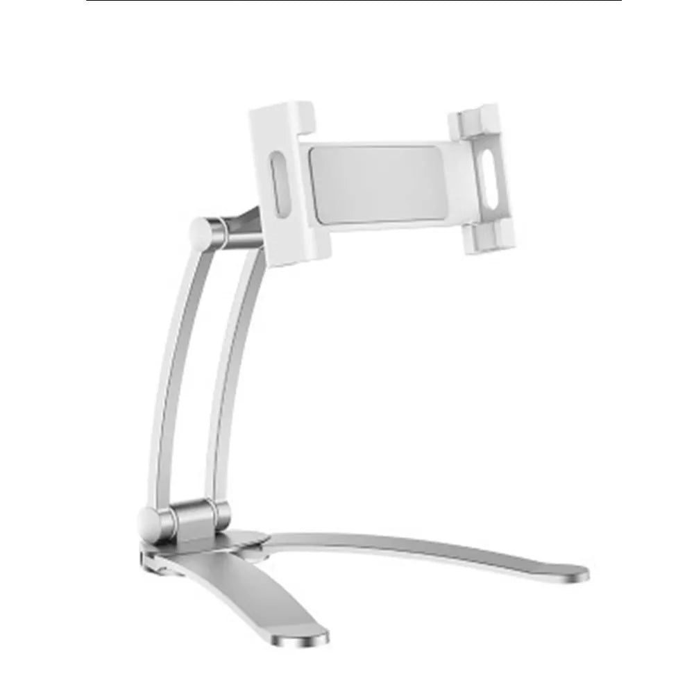 Silver aluminum desktop tablet stand with white ABS base, showing adjustable clip holding a tablet.