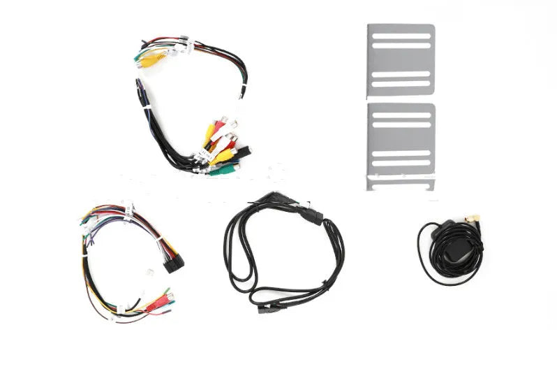 Universal Android car stereo head unit with 10.1 inch touch screen, GPS antenna, and connection cables