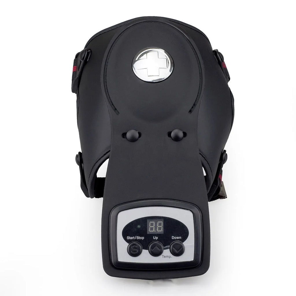 Infrared knee and shoulder massager with adjustable temperature control and included pads.