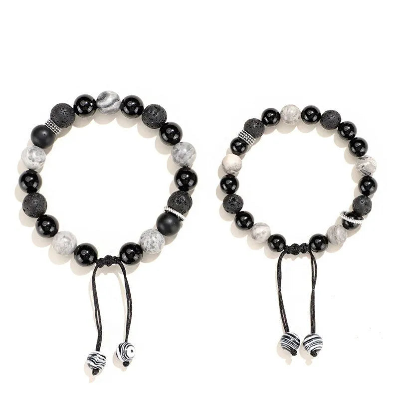 Black agate map stone and volcanic rock diamond-shaped beads on elastic cord bracelet, electroplated finish, 8mm size