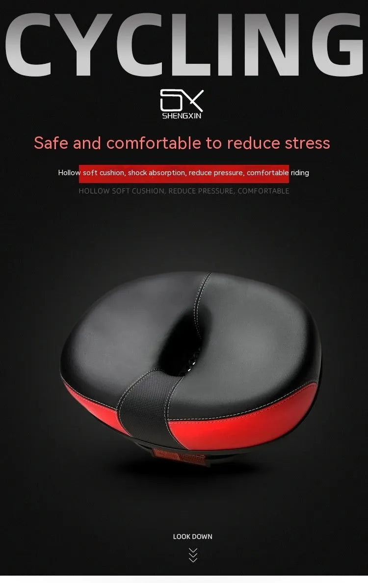 Thickened plus-size bicycle saddle in red, grey, or light brown with reflective stickers and PU cover.