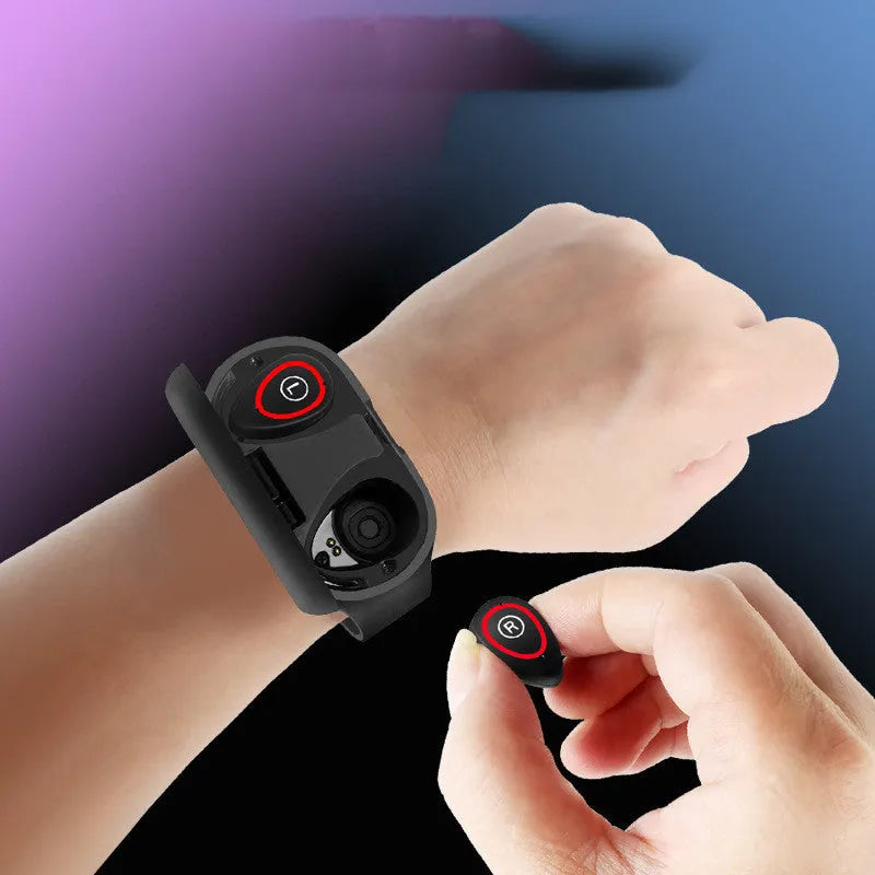 Smart bracelet with integrated wireless earphones in silicone wristband showing 1-inch screen