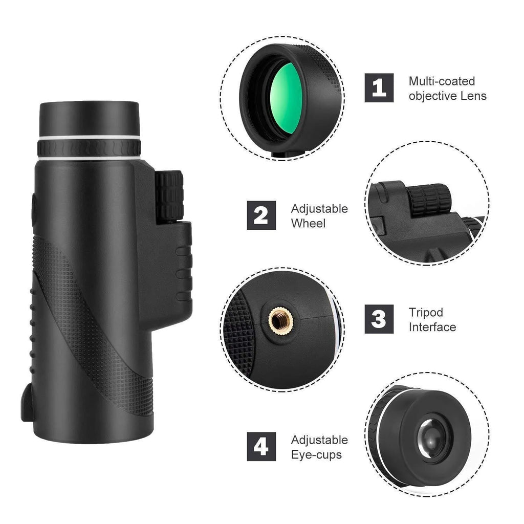 Black 40x60 monocular telescope with waterproof nitrogen construction and FMC coated lenses