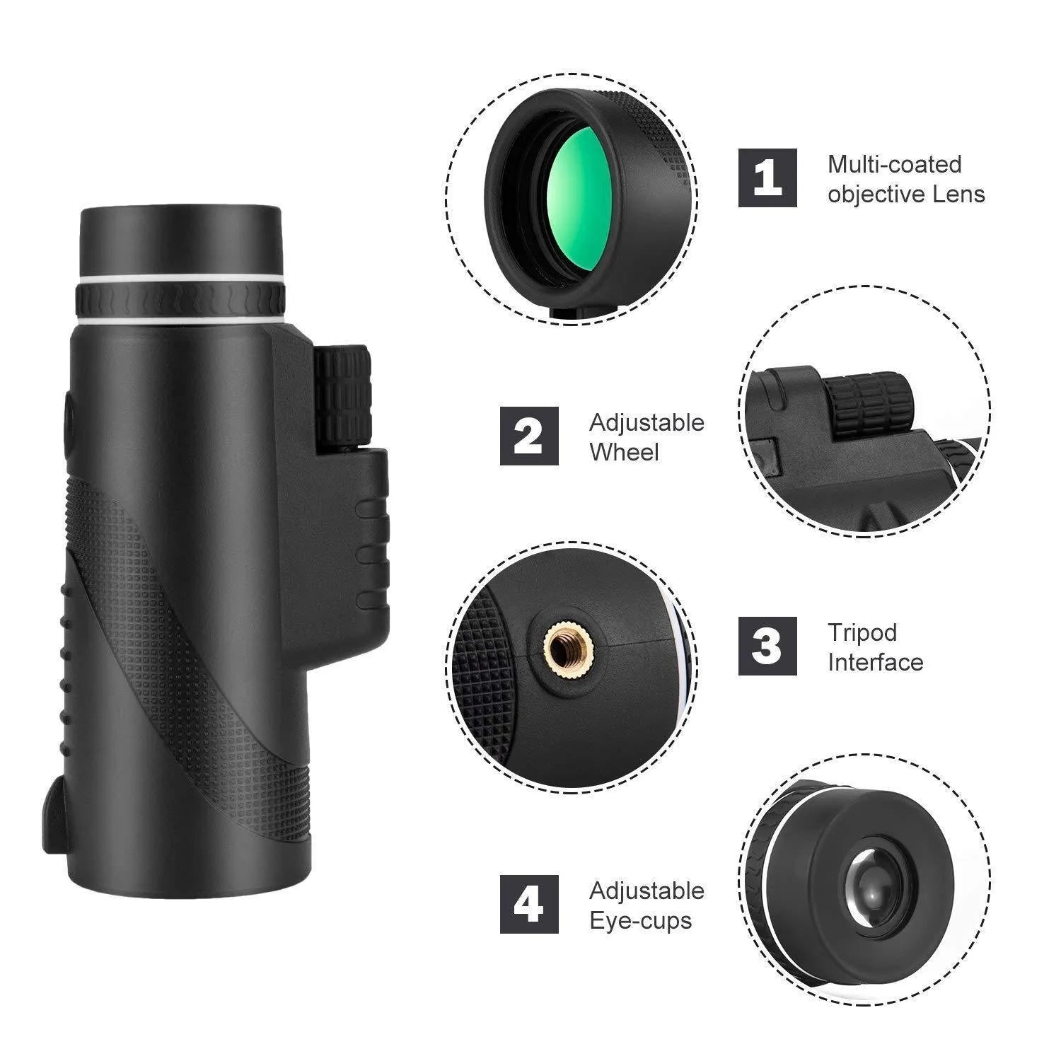 Black 40x60 monocular telescope with waterproof nitrogen construction and FMC coated lenses