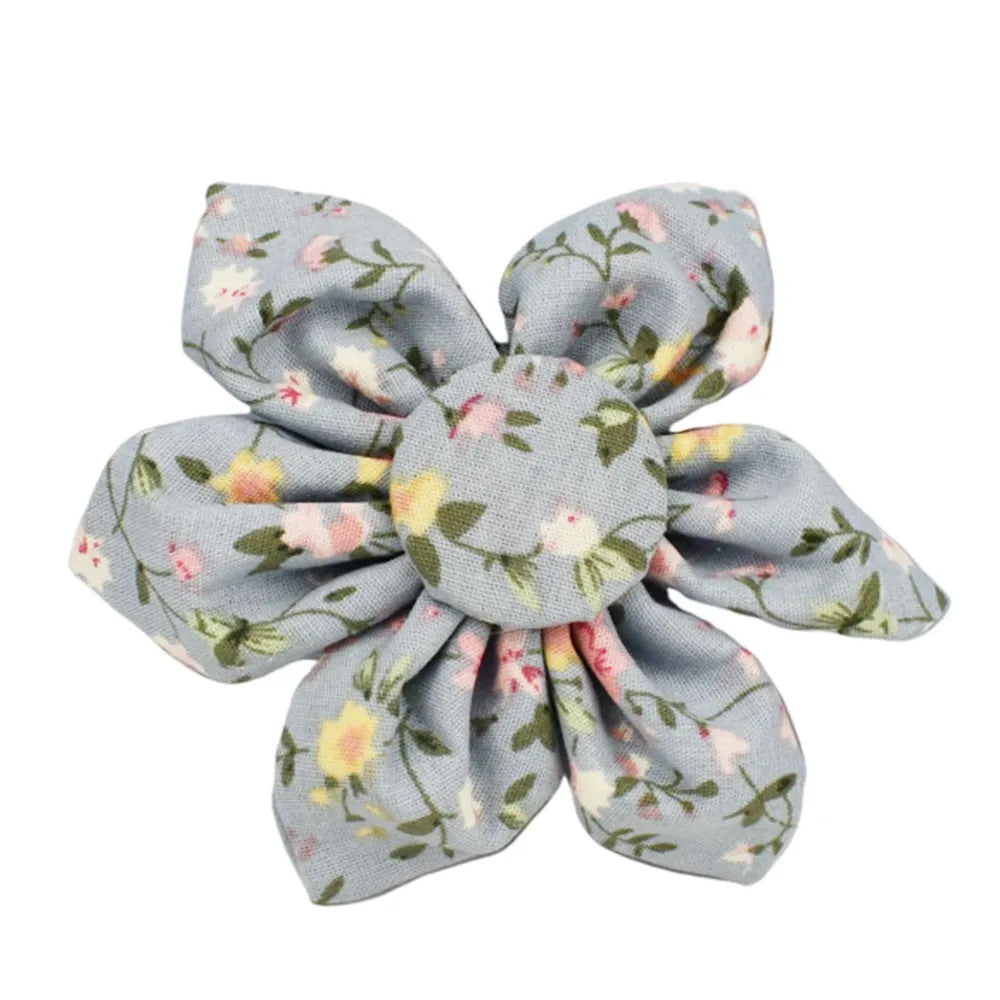 Floral pattern dog collar set with leash, vest, bow tie, and poop bag accessories in multiple sizes