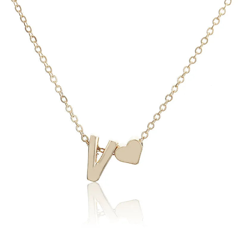 Peach heart shaped letter necklace pendant in gold or silver alloy finish