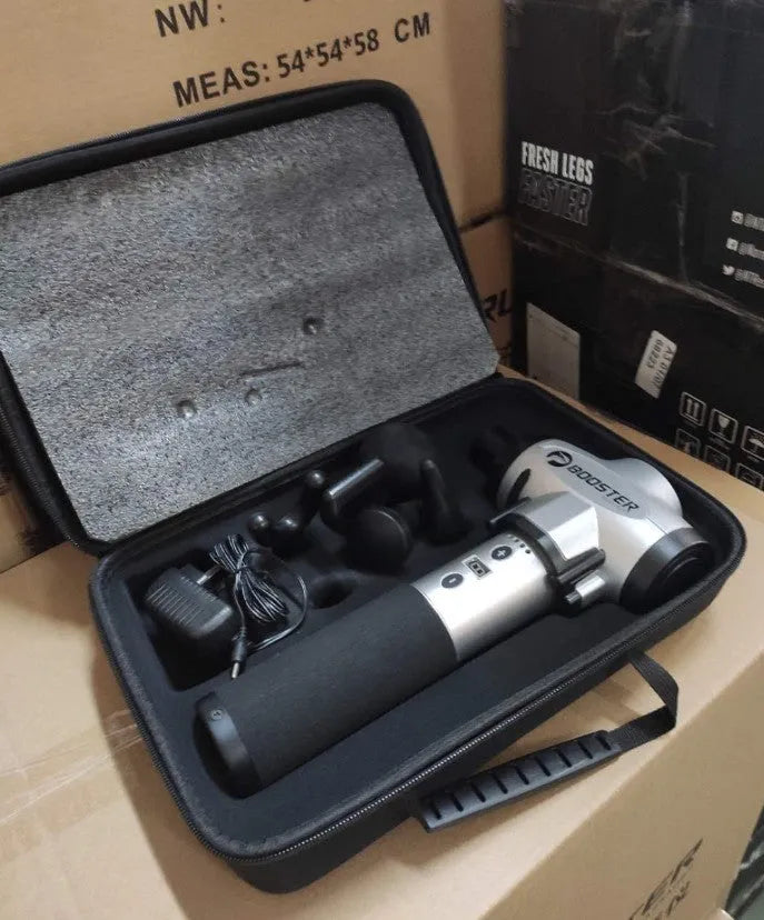Black and white portable massage gun with variable speed control for muscle relaxation