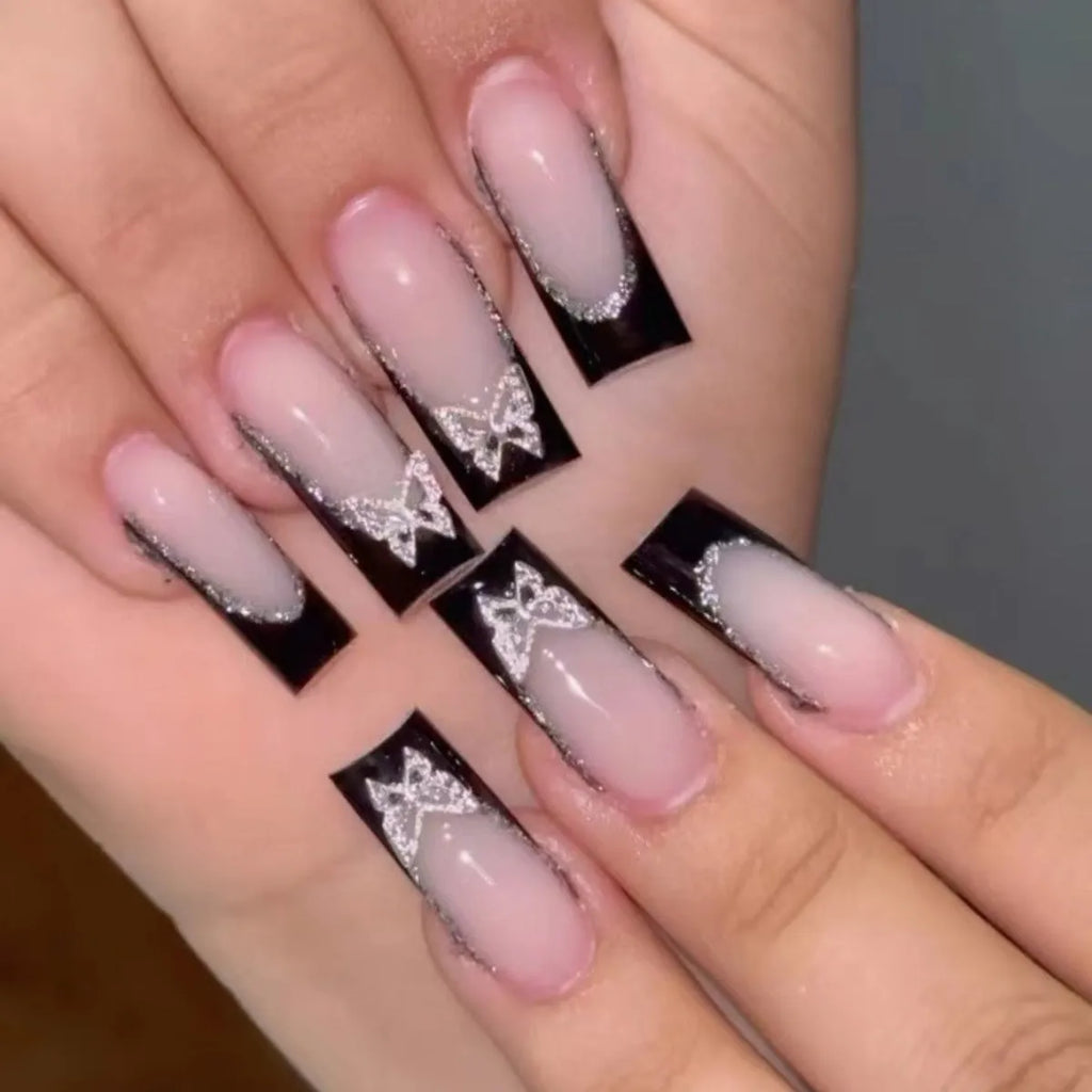 Black French-style butterfly wear armour nail stickers with glittering finish for decorative nail art