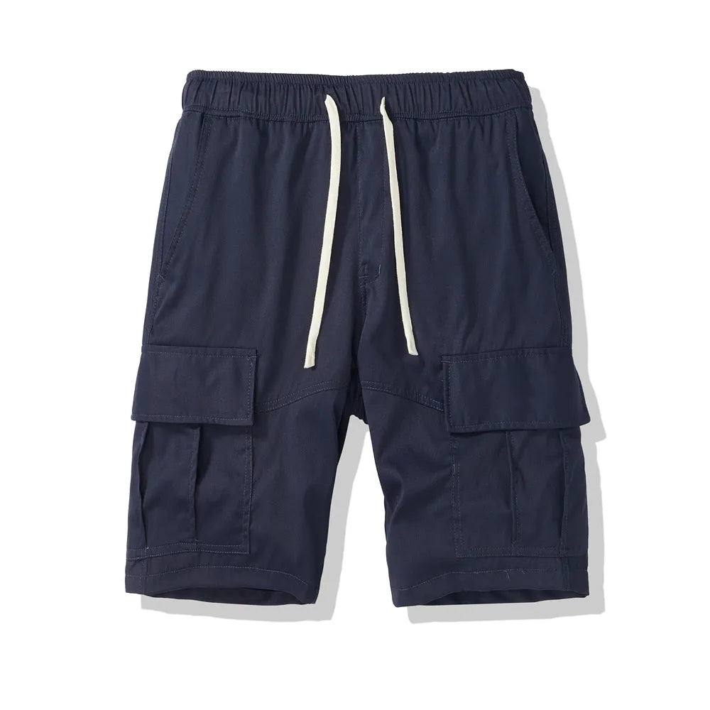Men's multi-pocket loose cropped pants in khaki, front view, polyester fibre fabric, South Korea style summer wear