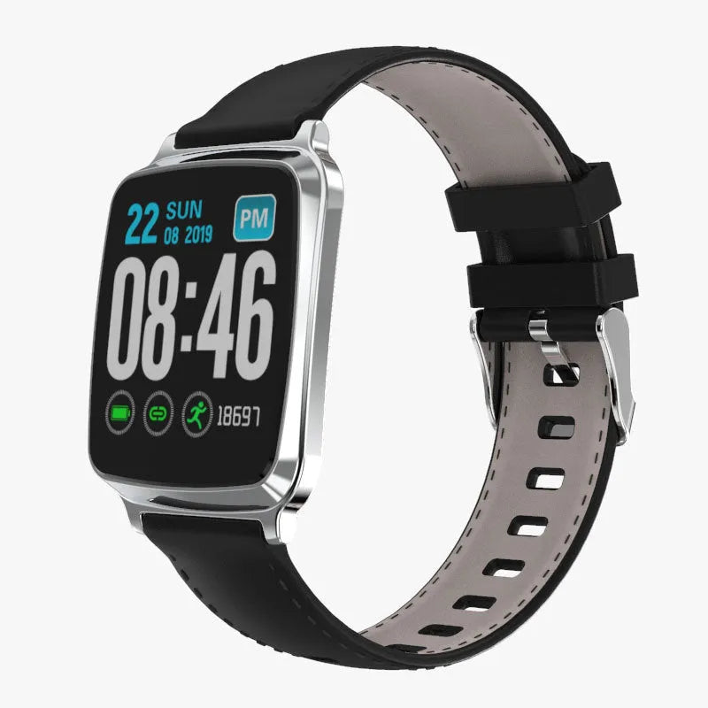 M8 smart bracelet showing zinc alloy body with tempered glass screen and TPU wrist strap