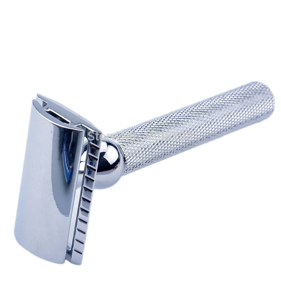 CSB men's shaving kit with badger hair brush, chrome safety razor, stand, soap bowl, and blades in a black box.