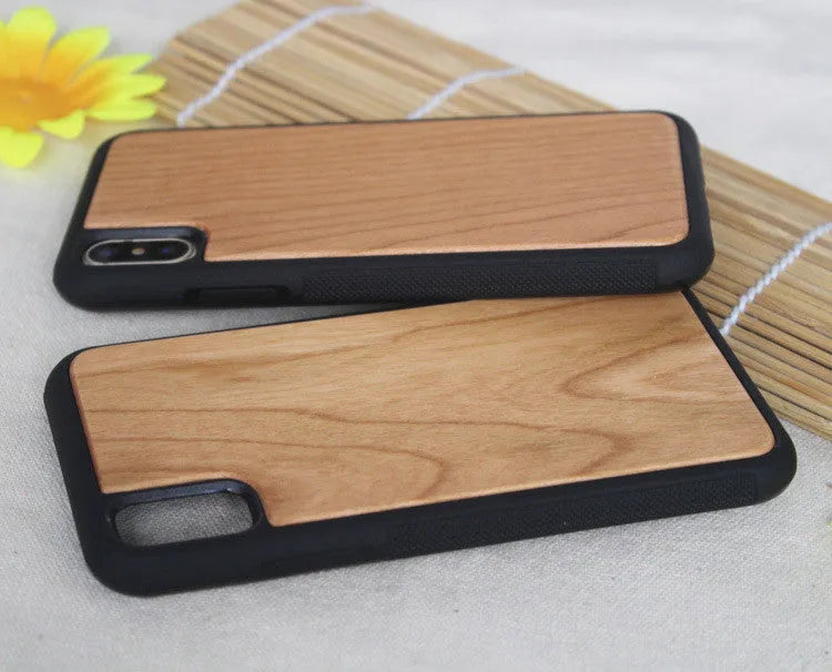 Wooden iPhone case with carbonised bamboo back and TPU plastic bumper in five wood finish options