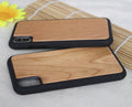 Wooden iPhone case with carbonised bamboo back and TPU plastic bumper in five wood finish options