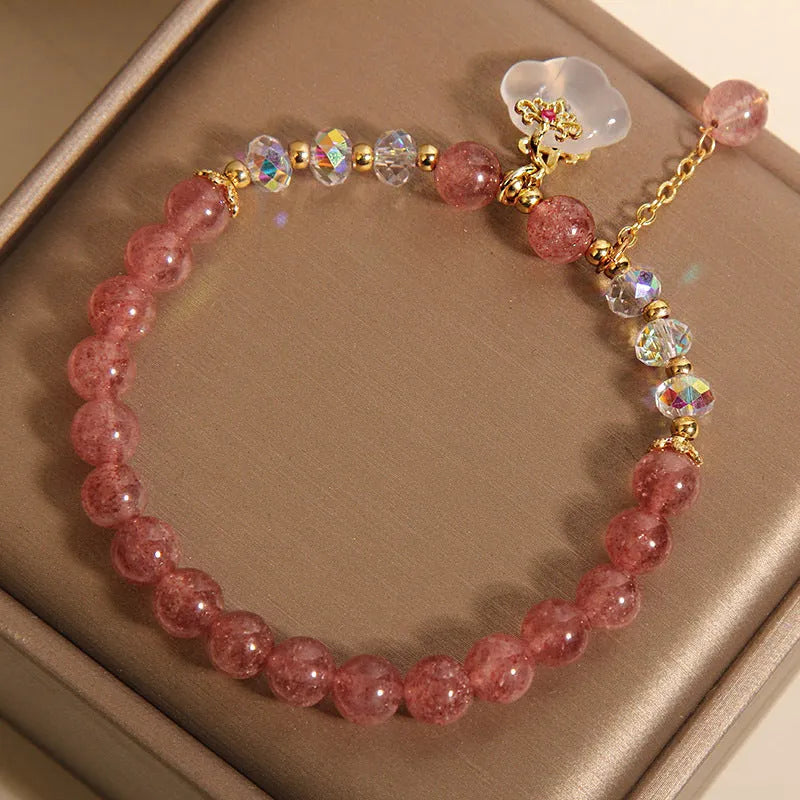 Women's natural crystal bracelet with strawberry quartz and white agate beads, auspicious clouds design, 40 grams weight