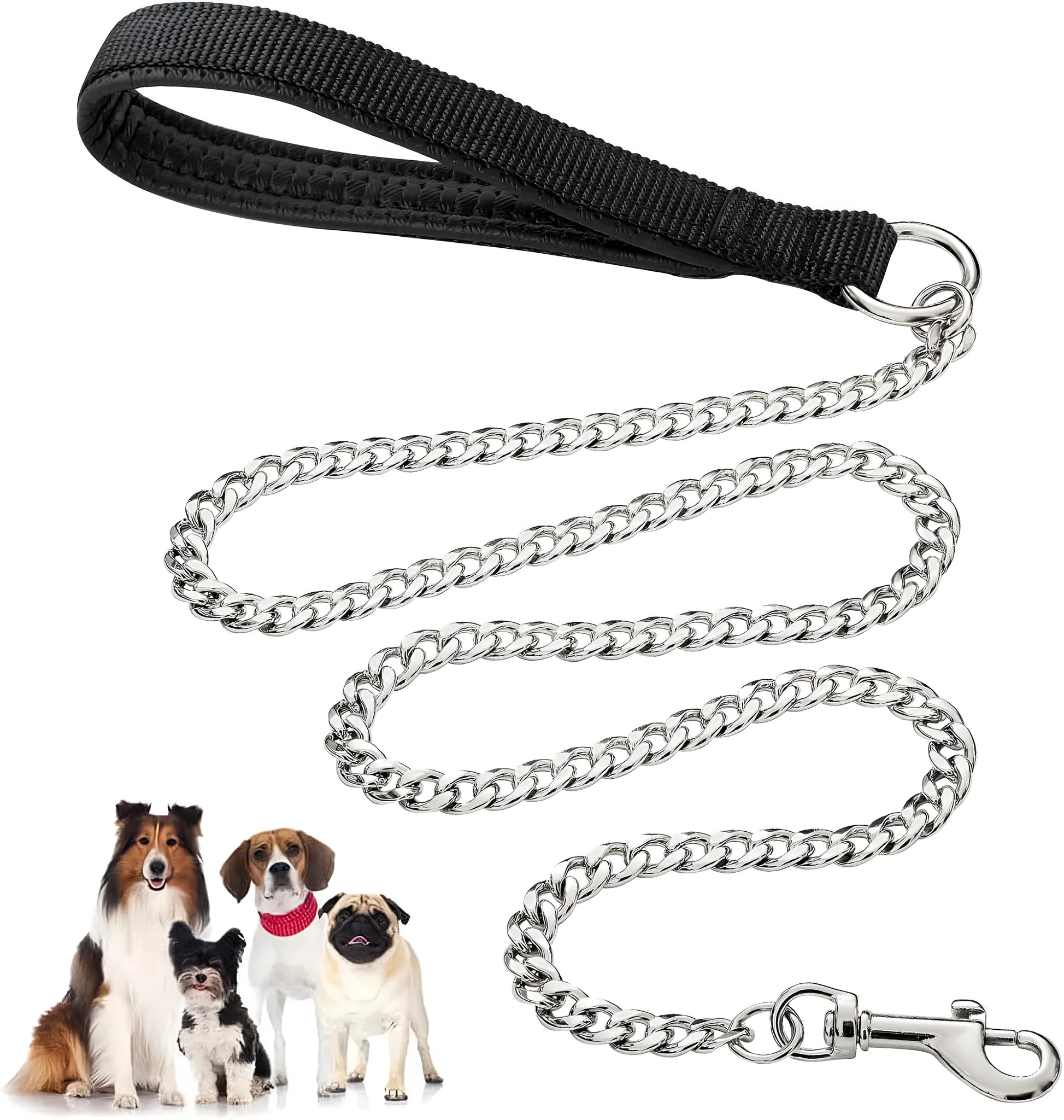Heavy duty metal dog leash chain with soft black padded handle, shown at full 120cm length.