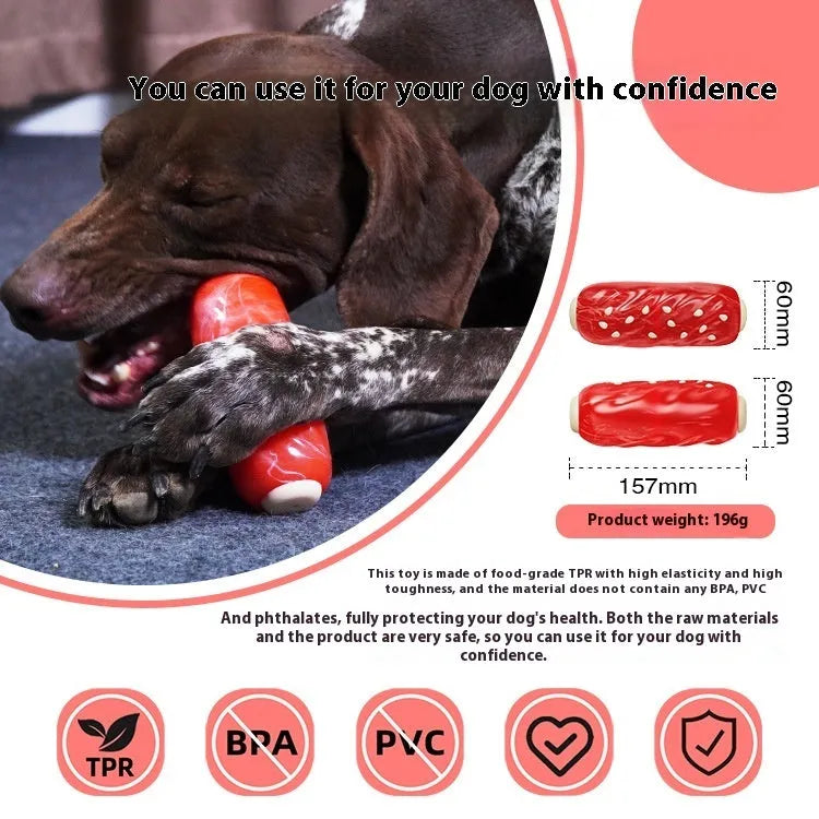 Primary colour plastic dog dental chew toy with molar rod shape and textured cleaning surfaces